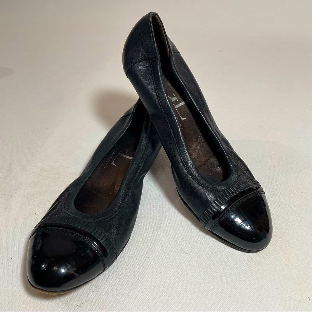 AGL Black Ruffle Detail Smooth Patent Leather Round Toe Slip On Flats Shoes
